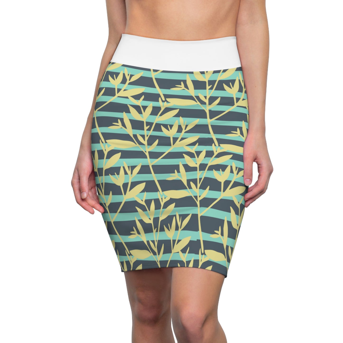 Floral Stripe Pencil Skirt — Teal & Yellow Leaf Pattern, Women's AOP