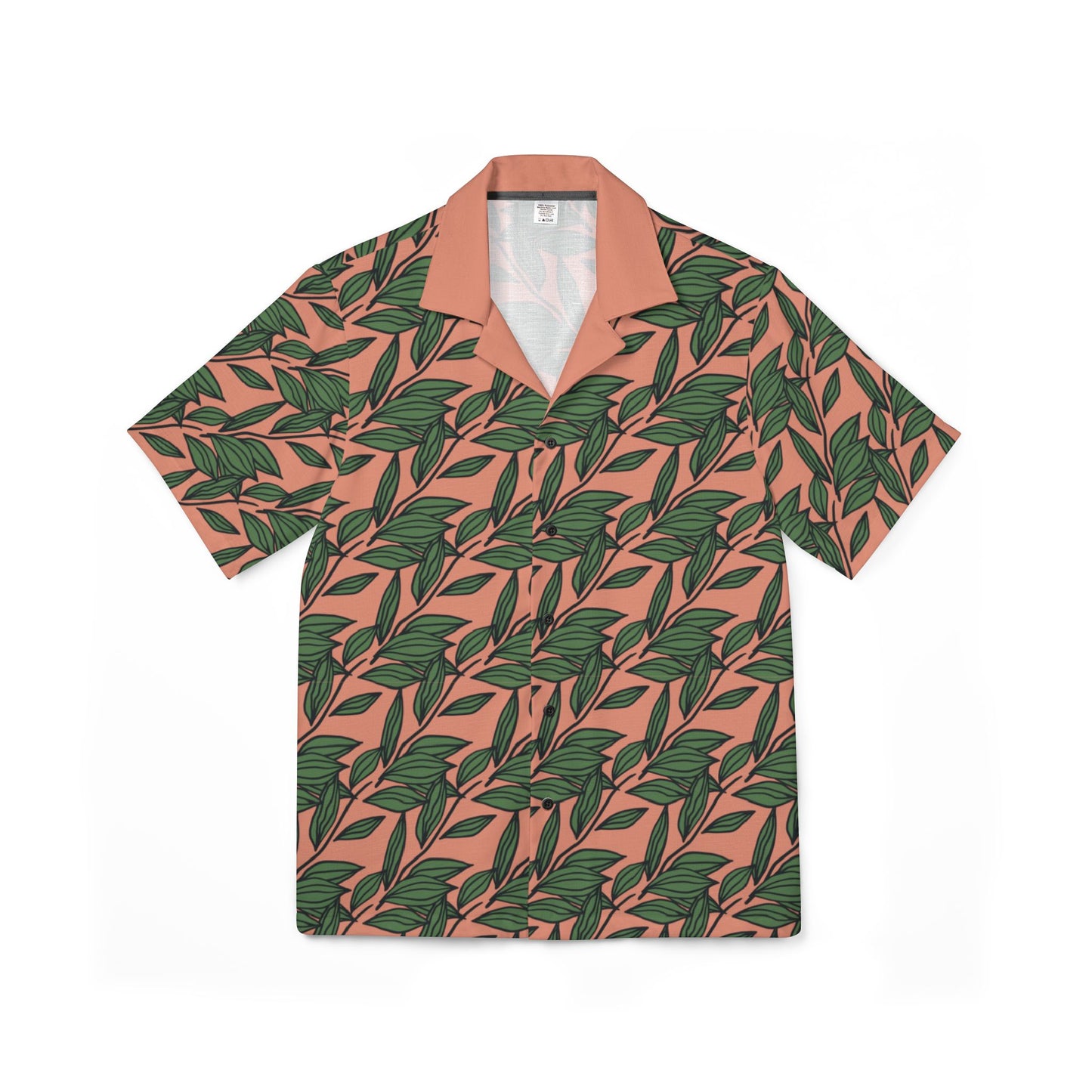 Tropical Leaf Hawaiian Camp Shirt — Green Palm Print on Coral