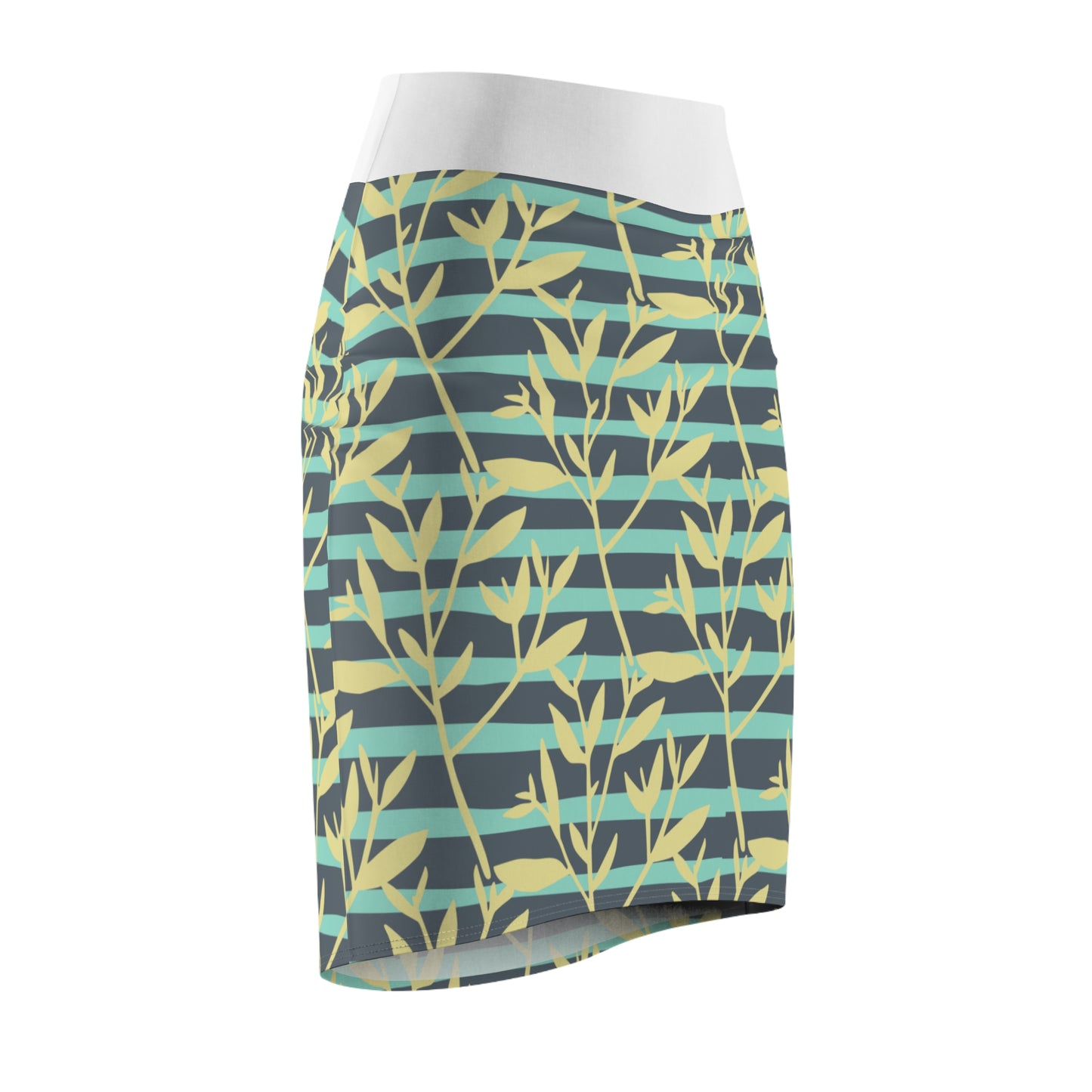 Floral Stripe Pencil Skirt — Teal & Yellow Leaf Pattern, Women's AOP