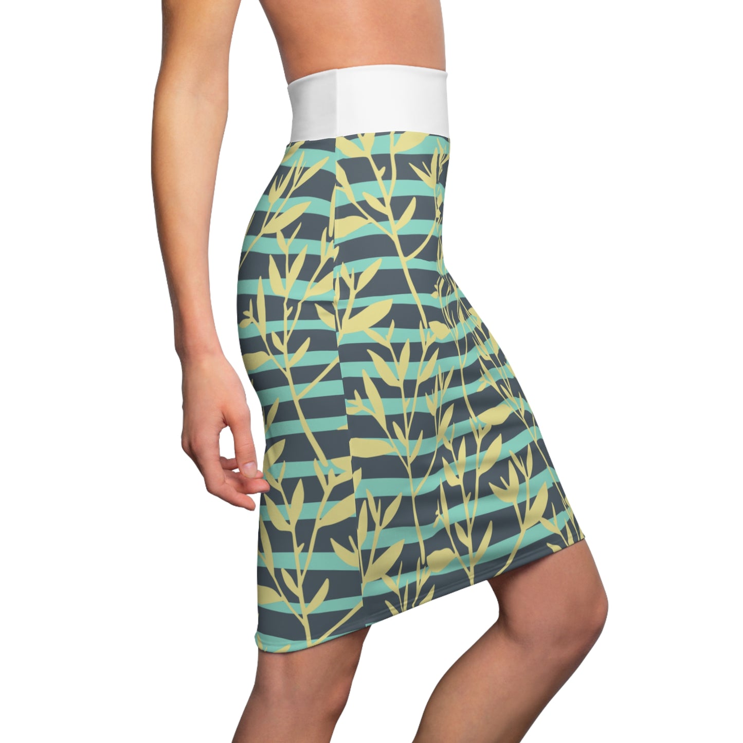 Floral Stripe Pencil Skirt — Teal & Yellow Leaf Pattern, Women's AOP