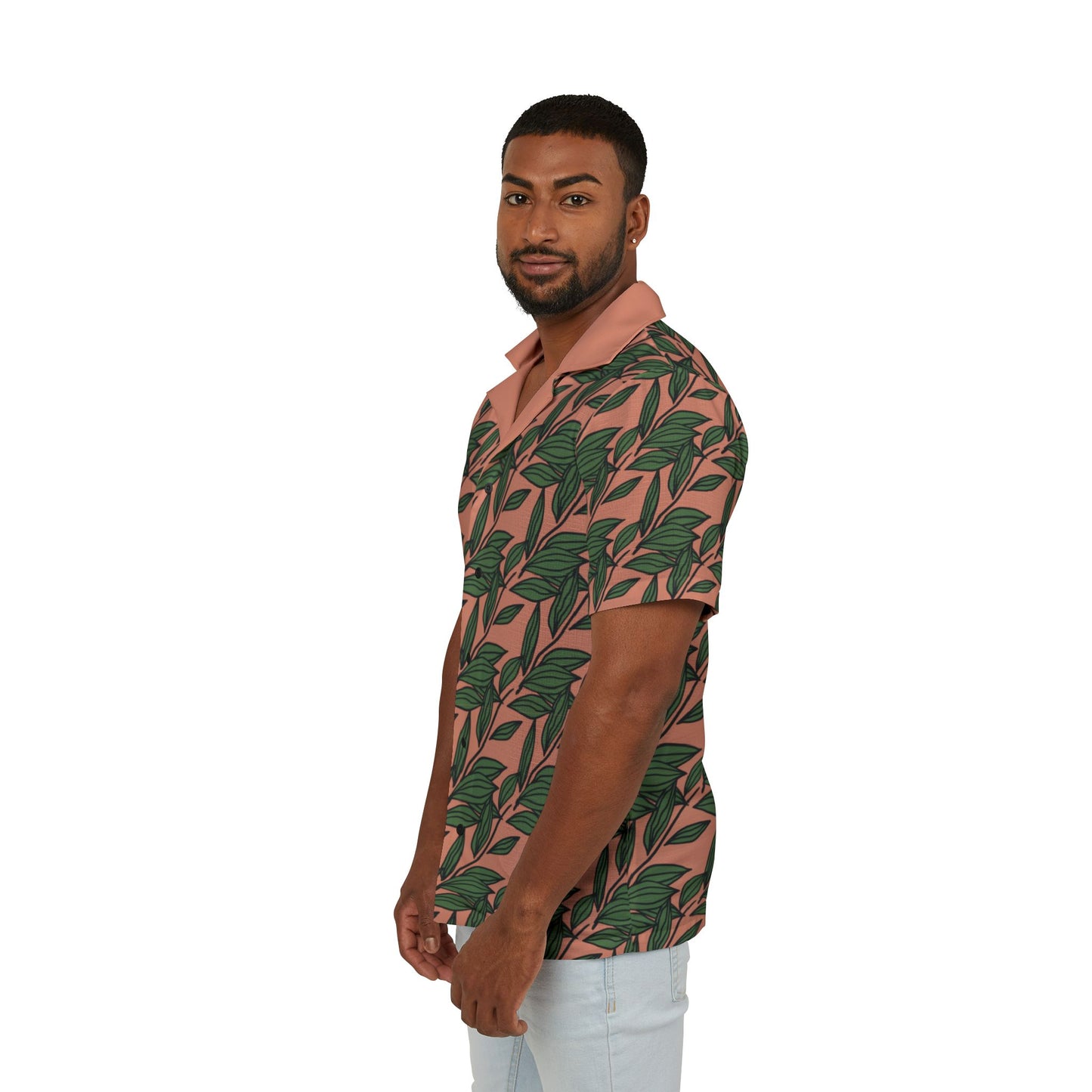 Tropical Leaf Hawaiian Camp Shirt — Green Palm Print on Coral