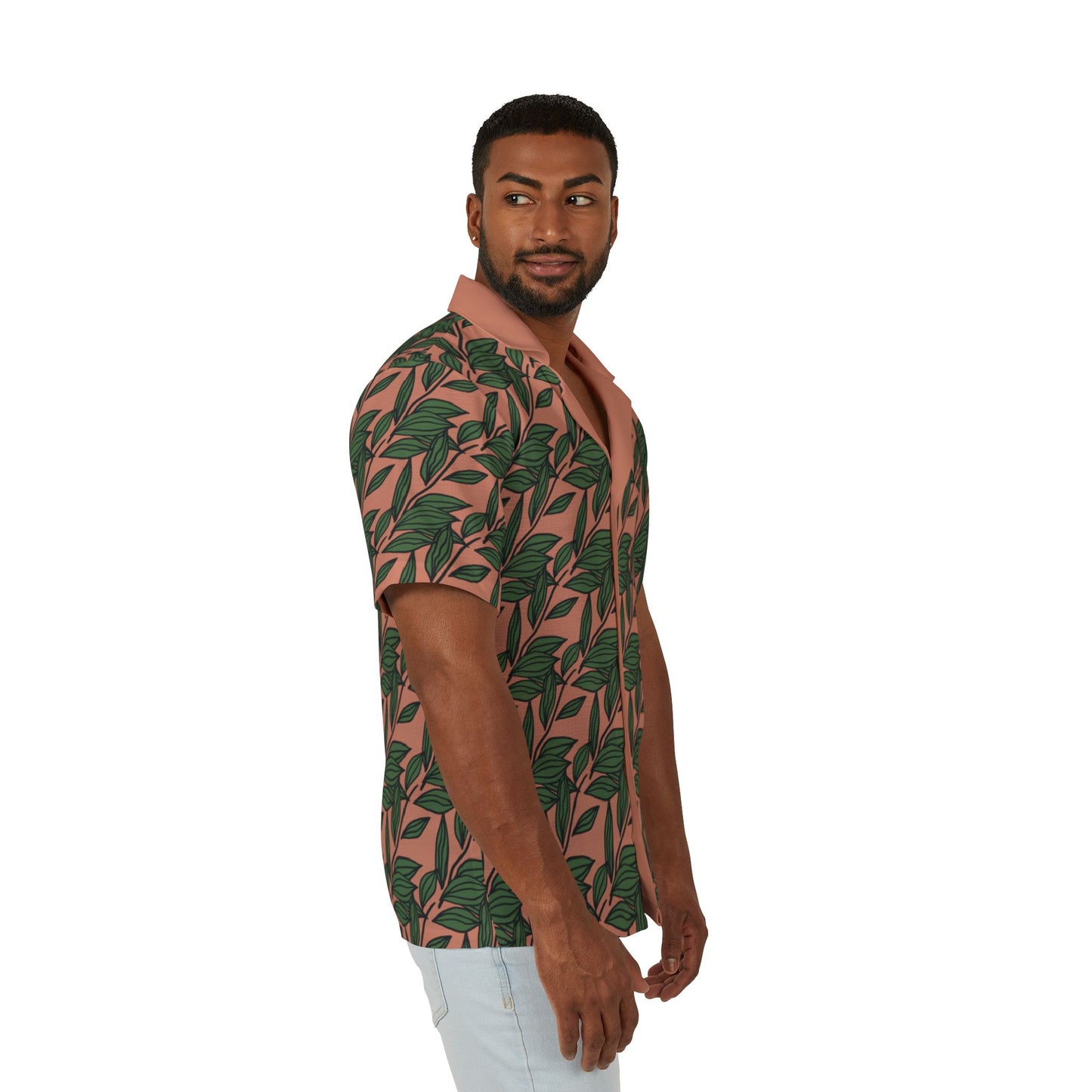 Tropical Leaf Hawaiian Camp Shirt — Green Palm Print on Coral