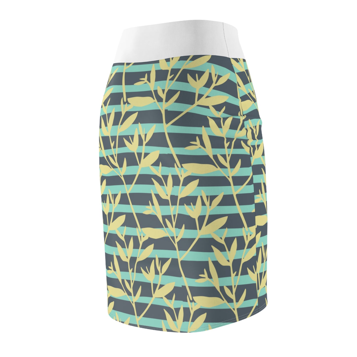 Floral Stripe Pencil Skirt — Teal & Yellow Leaf Pattern, Women's AOP