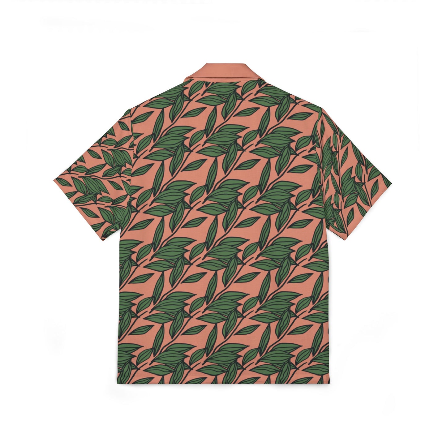 Tropical Leaf Hawaiian Camp Shirt — Green Palm Print on Coral