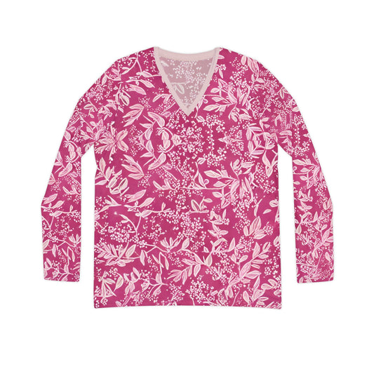 Floral V-Neck Long Sleeve Shirt — Pink Botanical All-Over Print