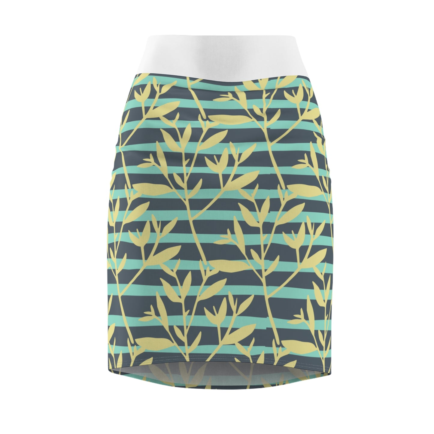 Floral Stripe Pencil Skirt — Teal & Yellow Leaf Pattern, Women's AOP