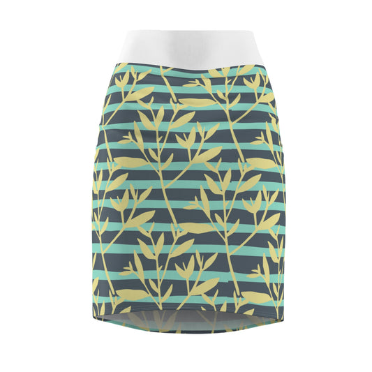 Floral Stripe Pencil Skirt — Teal & Yellow Leaf Pattern, Women's AOP