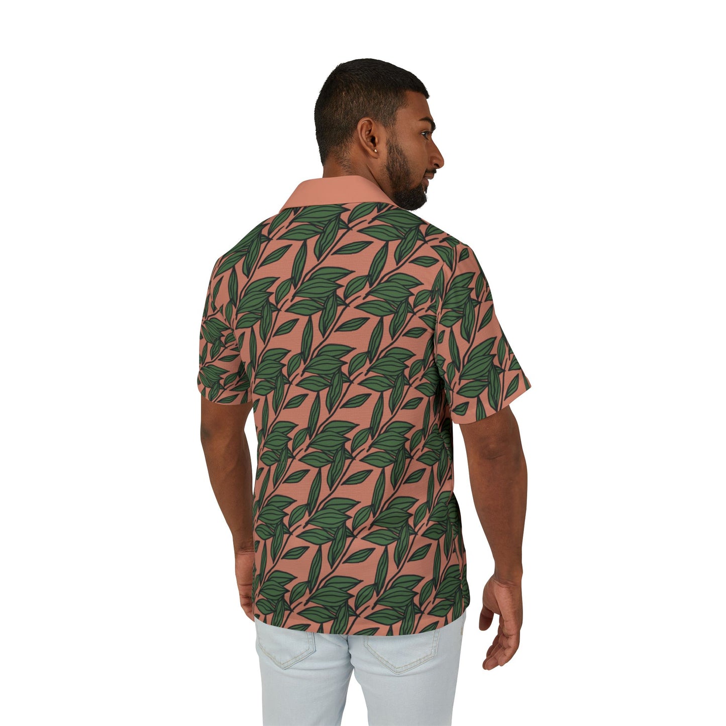 Tropical Leaf Hawaiian Camp Shirt — Green Palm Print on Coral