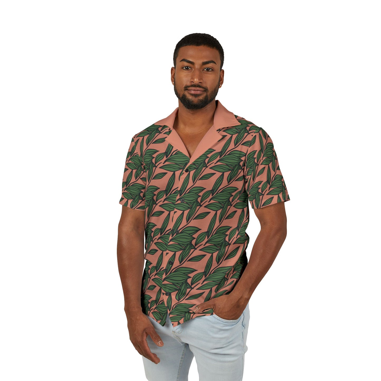 Tropical Leaf Hawaiian Camp Shirt — Green Palm Print on Coral