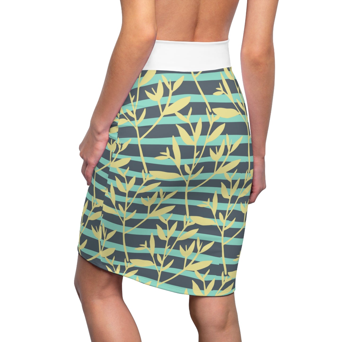 Floral Stripe Pencil Skirt — Teal & Yellow Leaf Pattern, Women's AOP