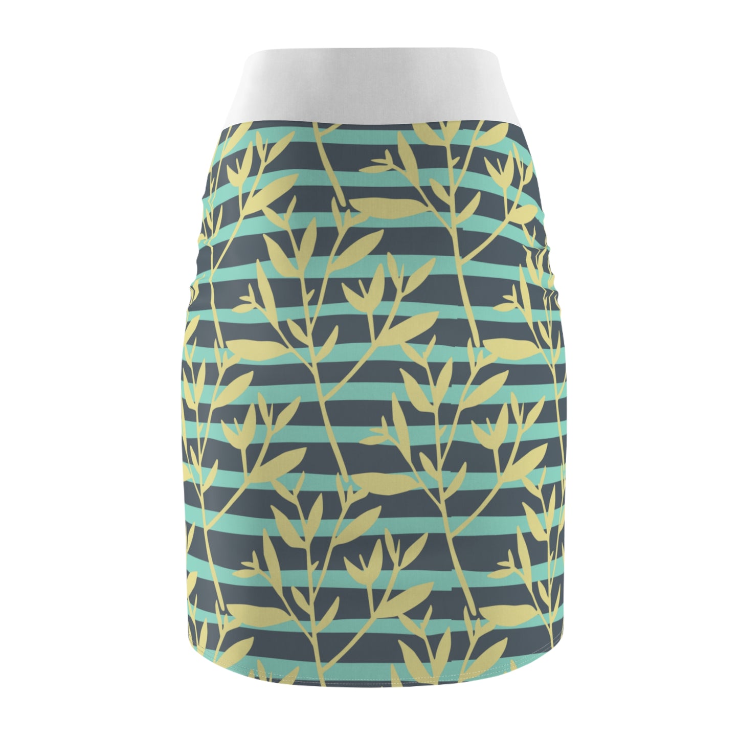 Floral Stripe Pencil Skirt — Teal & Yellow Leaf Pattern, Women's AOP